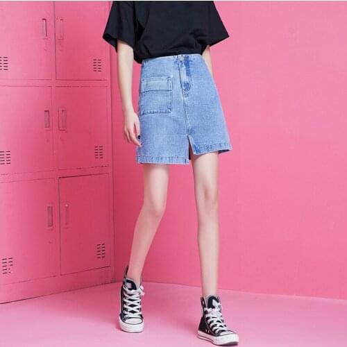 Ladies Blue Denim Skirt Women Summer Korean High Waist A Line Skirt Asymmetrical Mini Short Sexy Girls Slit Skirt Plus Size Xxl
