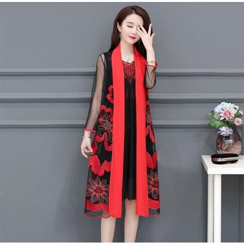 2021 new Womens embroidery double placket cardigan jacket Womens lace mesh embroidery jacket plus size L-5XL