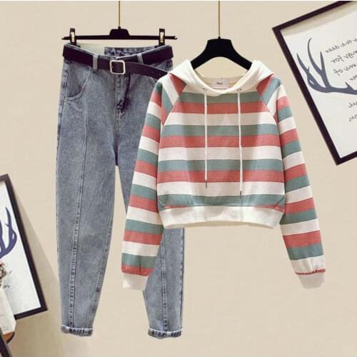 Women 2021 Autumn Fashion Tracksuit Female Denim Pants Suit Striped Hooded Crop Tops and Jeans Suits Casual 2 Piece Set Q673
