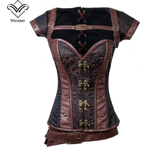 Wechery Women Vintage Steampunk Corset Sexy Push Up Retro Corselet Lace Up Bustiers Korset With Zipper Packet Buckle Gorset Top