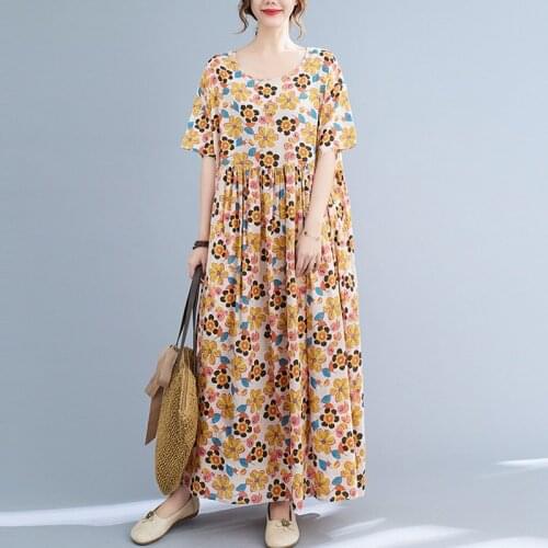 Oversized Women Summer Cotton Linen Long Dress New Arrival 2021 Vintage Style Floral Print Loose Female Casual Maxi Dresses B595