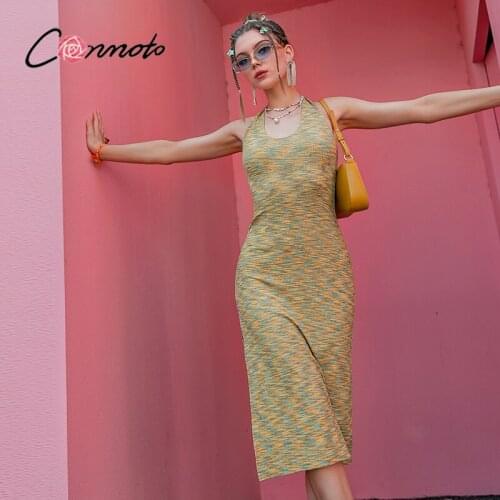 Conmoto Lace up Y2K halter sleeveless split girl dresses Sexy bodycon slim backless club knitted vestidos Women party maxi dress