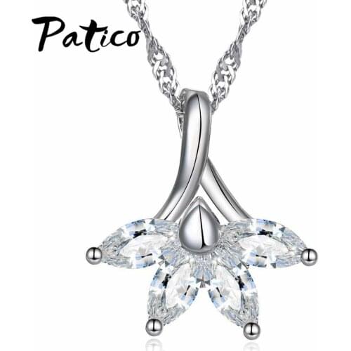Simple Fashion Jewelry 925 Sterling Silver Flower Plant Shape CZ Cubic Zirconia Pendant Necklace Women Wedding Jewelry