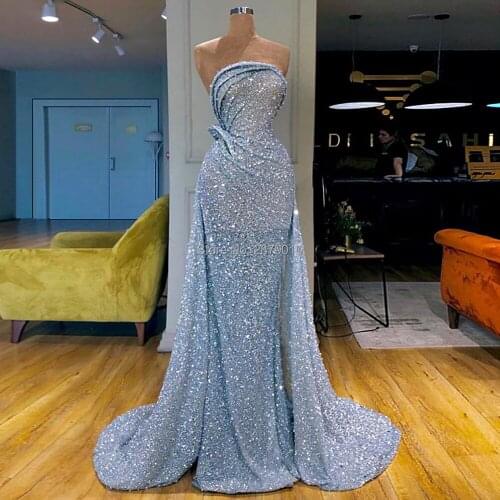 2020 Vintage Sheath Strapless Sleeveless Tulle Beaded Sequins Floor-Length Evening Dress Formal Dress Robe De Soiree Aibye