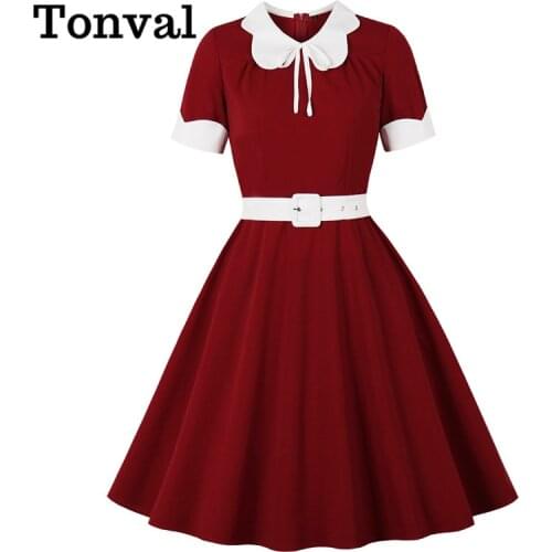 Tonval Burgundy Contrast Collar and Cuff Elegant 50s Vintage Dresses for Women Short Sleeve Belted A-Line Rockabilly Dress