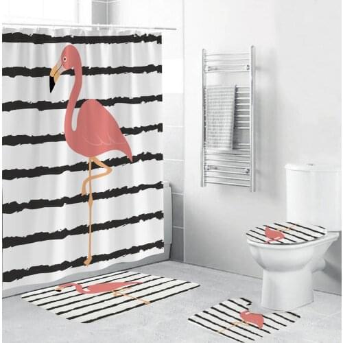 Animals Flamingo Bathroom Waterproof Shower Curtain Set Pedestal Rug Lid Carpet Toilet Cover Set Bath Curtain Mat Set