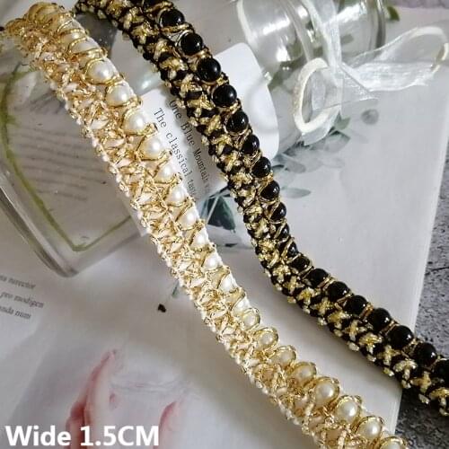 1.5CM Wide White Black Glitter Pearls 3d Lace Ribbon Golden Braid Webbing Beaded Fringe Lace Edge Trim Dress Collar Sewing Decor