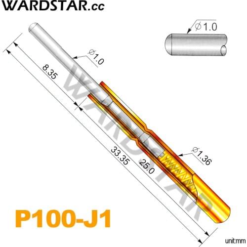 100pcs/lot P100-J1 Dia 1.0mm Spring Test Probes Pogo Pin Length 33.35mm (Stroke Spring Froce:180g) Wholesale