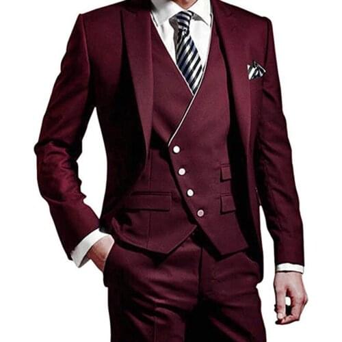 2021 Custom Made Fashion Gentlemen Claret Men Suit Slim Fit Groomsmen Tuxedo For Wedding Dress Party Costume (Jacket+Pants+Vest)