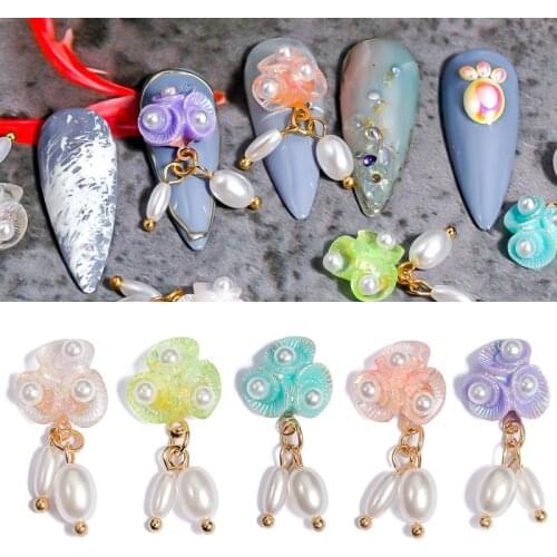 5Pcs Crystal Pearl Pendant Nail Art Design Shell Flower Tassel Charms Luxury Nail Art Jewelry Dangle Manicure 3D Stones Tips
