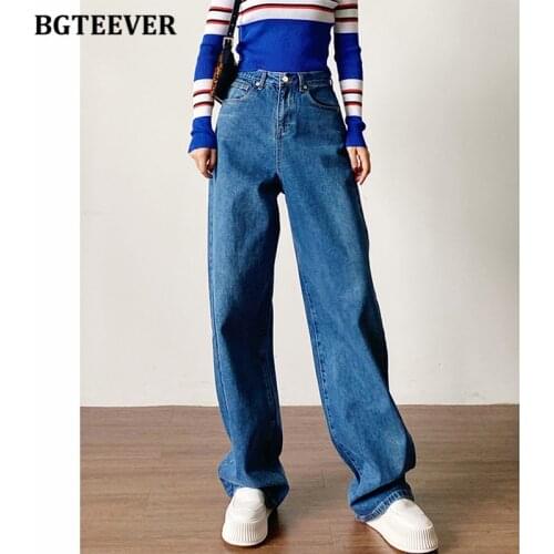 BGTEEVER Casual Loose Wide Leg Jeans Pants for Women High Waist Button Female Denim Blue Trousers Ladies Pantalon femme 2021