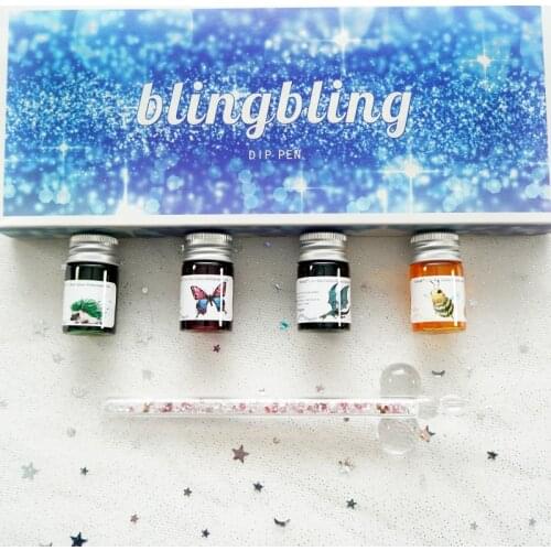Blingbling Shine Ink Pen Suit - Diamonds Series Glass Pen With Colour Ink Pen , Golden Powder Color Ink, Birthday Gift