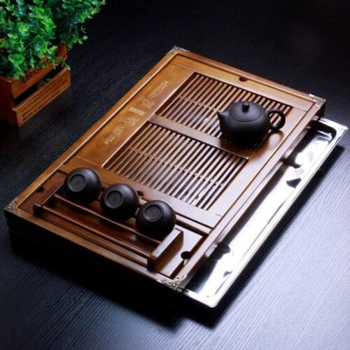 Eco Friendly Tea Tray Chinese Water Storage Kung Fu Wood Tea Tray Traditional with Drawer Luxury Plateau Bois Teaware DG50CP