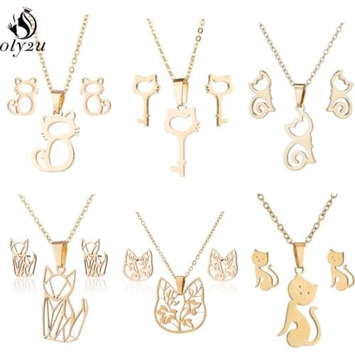 Stainless Steel Cat Pendant Necklace Earrings for Women Clavicle Chain Lovely Animal Necklaces Wedding Jewelry Sets Pendientes