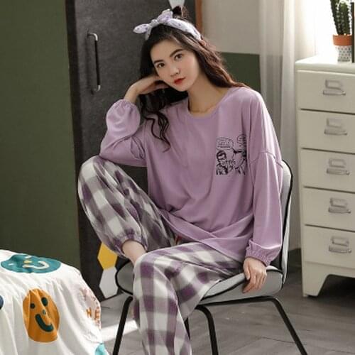 Plaid Pants Home Clothes for Women Plus Size Pajamas for Women Purple Sleepwear Autumn Home Suit Womens Pyjamas Pijama Mujer