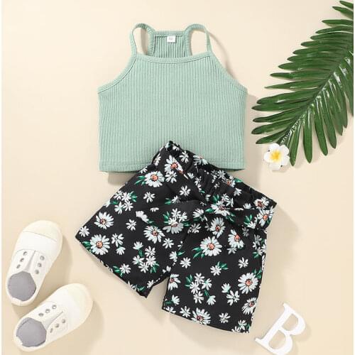 Summer Girls' New Fashion Printed Clothes Two-piece Suit Childrens Camisole Shorts Suit