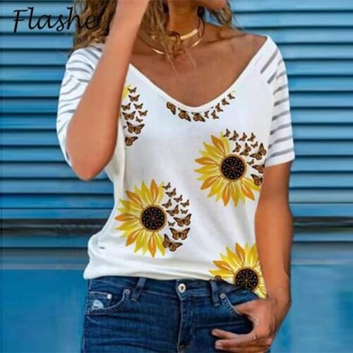 Summer Boho Flowe Shirt Women V Neck Short Sleeve Womens Fashion Shirt Ladies T Shirt Tops Casual Loose Tee Plus Size