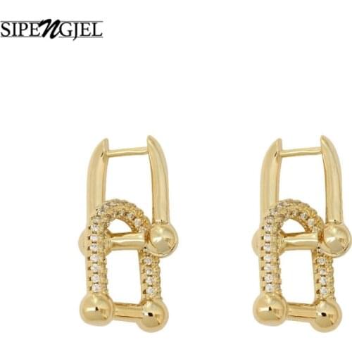 SIPENGJEL Hot Sell Clear Zircon U Shape Drop Earrings Geometric Lock Buckle Hoop Earrings For Women Party Pendant Jewelry 2021
