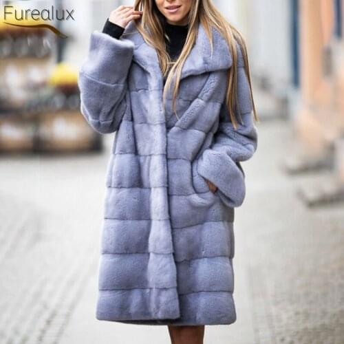 FUREALUX New Real Mink Fur Winter Natural Mink Fur Coat Mid-length Solid Color Female Lapel Casual Warm Casual Thick Style