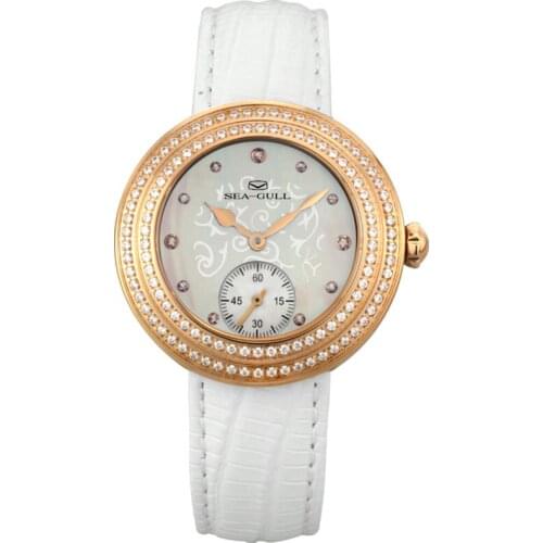 Genuine Seagull Rhinestone Bezel Lady Wristwatch Light Blue MOP Dial Hand Wind Small Second Womens Mechanical Watch 719.751L