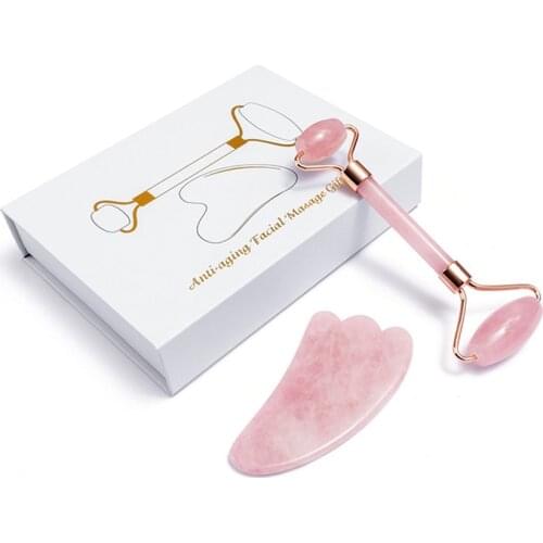 Rose Quartz Jade Roller Face Slimming Massager Face Lifting Natural Jade Stone Facial Massage Roller Skin Care Beauty Set Box