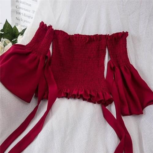 2019 New Summer Shirts Flare Sleeve Women Slash Neck Shirt Sexy Bow Chiffon Blouse Female Half Sleeve Blouses Short Tops AB1349