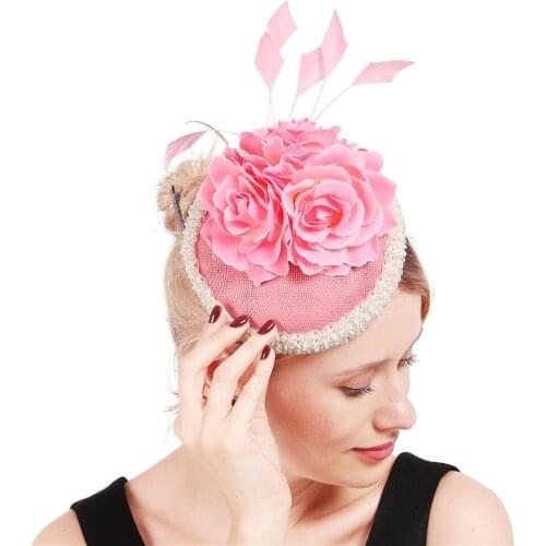 Pink Wedding Holiday Mesh Copy Sinamay Fascinator Hat For Women Feather Flower Party Church Tea Derby Fedora Pillbox Hats XMF342