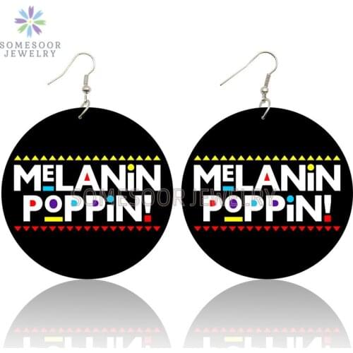 SOMESOOR Melanin Poppin Powerful Wooden Drop Earrings Both Sides Printed Black Inspire Sayings Designs Loops For Women Gifts