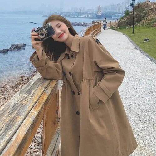 Trench Coat Women Midi-Length 2021 Spring Autumn Casual Coats Korean Double Breasted Female Windbreaker Chic Solid Loose Jackets