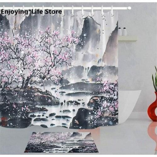 Painting Style Chinese Landscape Shower Curtain Set Waterproof Shower Curtain Bathroom Bath 72 x 72'' with 12 Hooks Mat 24x16