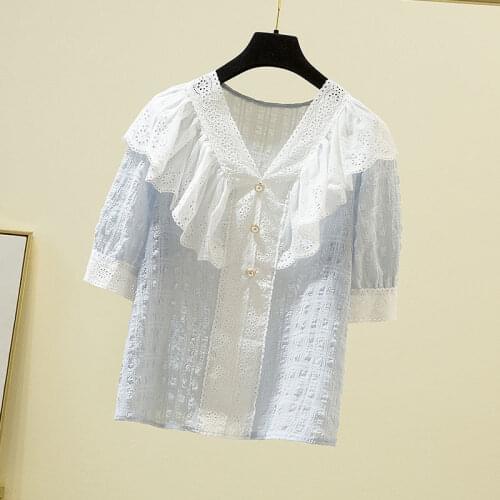 Womens short-sleeved lace shirt new 2021 summer V-neck embroidered ruffled thin top