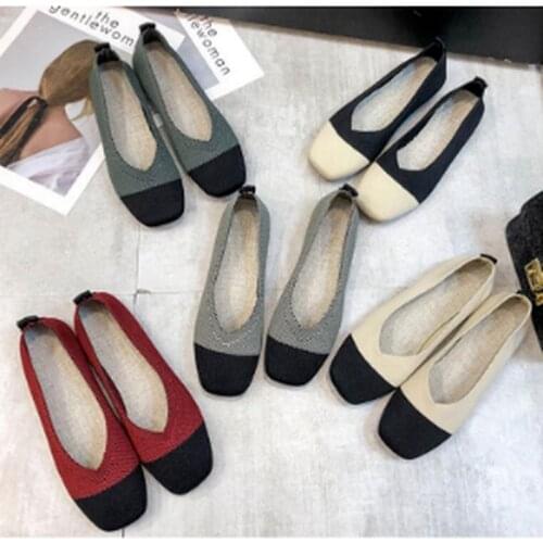 Women Flats Ballet Shoes Breathable Knitted V Square Toe Moccasins Thick Heels Mixed Color Flat Ballerina Shallow Size 35-40