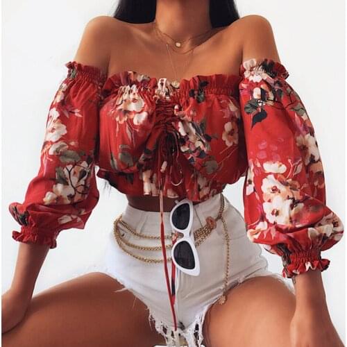 Women Chiffon Blouses Long Sleeve Off Shoulder Drawstring Cropped Shirts Boho Floral Print Ruffles Strapless blusones de mujer