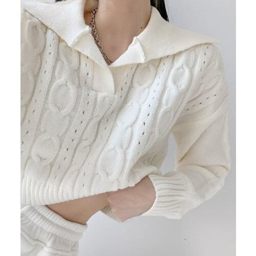 WOMENGAGA Lapel Long Sleeve Loose Hollow Out Short Sweater For Women Korean Casual Knitting Twist Pullover Tops Md2d