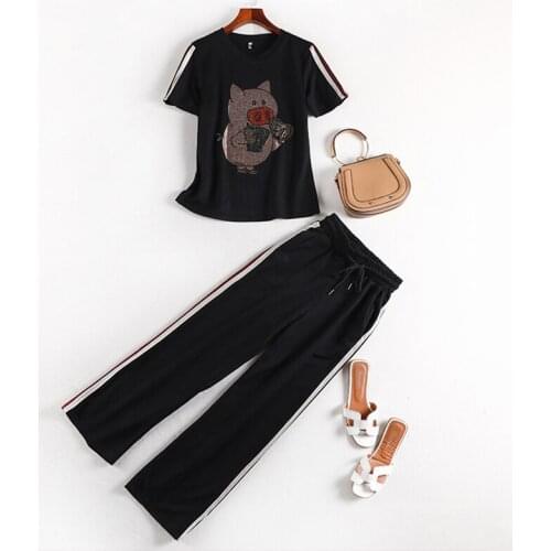 Bling pink pig two set tracksuit women 5XL plus size vintage elegant sportswear tops and wide leg pants 2 piece ladies outfits