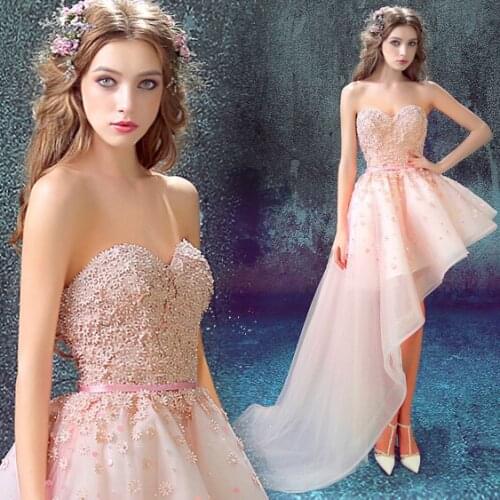 Pink sweat Short front long back asymmetrical lady girl women princess bridesmaid banquet party dress gown