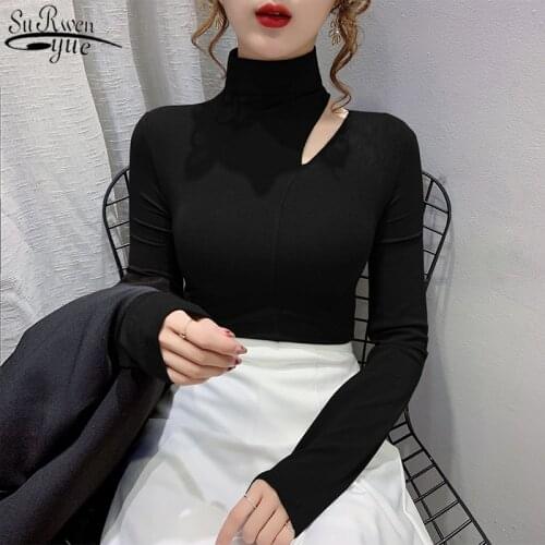 2021 New Collarbone Hollow Out Top Long Sleeve Womens Blouse Womens Turtleneck Bottoming Shirt Autumn and Winter 12138