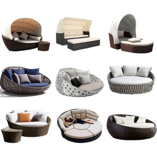 Freeshipping Wicker Rotating Outdoor PE Rattan Furniture Round Daybed Bed with Canopy for Sun Lounger