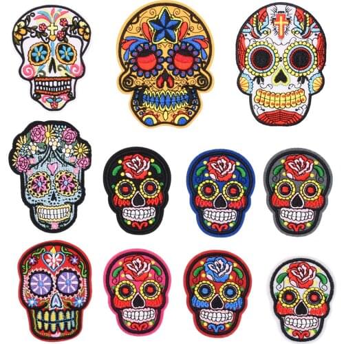 Floral Skull Cloth Patches Punk Rock Scull Embroidery Iron on Patch Clothing Shoes Hats Pants Embroidered Appliques Multi Colors