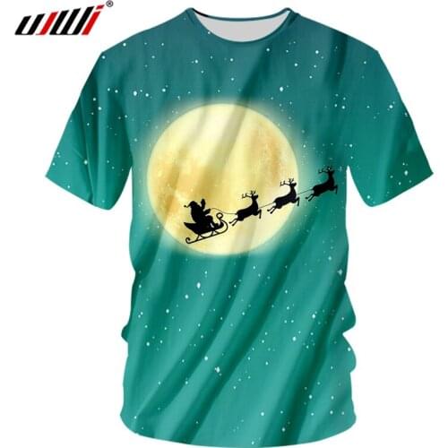 UJWI Man 3D Printed Santa Claus And Elk T Shirt Christmas Round Moon Landscape Clothing Best Selling Spandex O Neck Tshirt