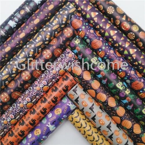 Glitterwishcome 21X29CM A4 Size Halloween Faux Fabric, Candy Cats Pumpkin Printed Faux Leather Sheets for Bows, GM511A