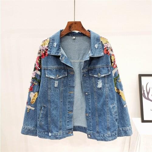 Korean Denim Jacket Women Loose Vintage Long sleeve Beading Sequins Flowers Jeans Jacket Coat Streetwear Female Frayed Outerwear