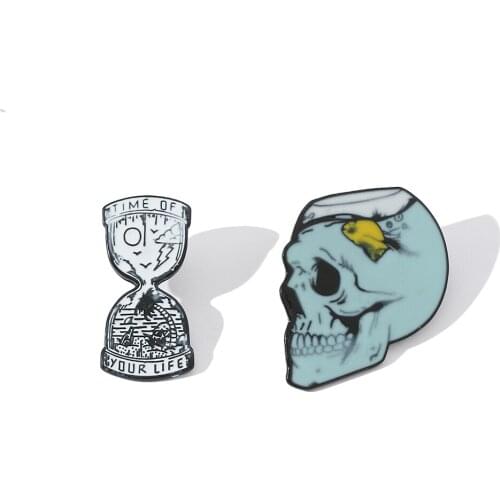 Your Life Hourglass Enamel Pin Ghost Skeleton Fish Tank Skull Badge Brooch Bag Denim Shirt Lapel Pin Gothic Cat Jewelry Gift