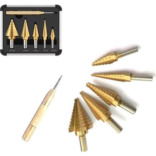6pcs High Speed Steel Imperial Pagoda Drill Triangular Shank Titanium Plated Hole Opener Reaming Hole Step Drill Bit Set
