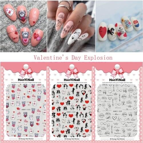 10PCS New Valentines Day Adhesive Nail Sticker Red Heart Letter Font Teddy Bear Nail Art Decoration Accessories Sticker