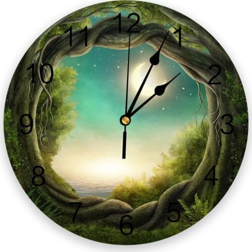 Jungle Arbor Woods Moon Green Wall Clocks Home Decoration Silent Round Wall Watches for Home Living Room Kitchen Wall Decor