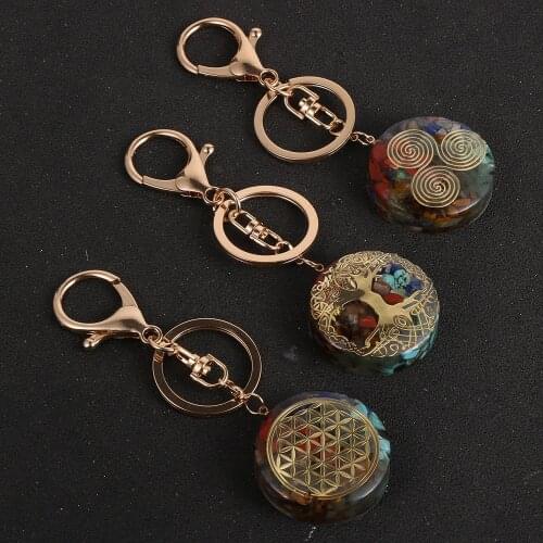 Natural Stone Chip Gravel 7 Chakra Tree Of Life Orgone Pendant Keychains Ethnic Healing Crystal Resin Key Holder Accessories
