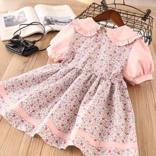 2020 New Summer Girls' Dress Floral Lapel Cotton Short Sleeve Pleated Party Princess Dress Childrens Kids Girls Clothing