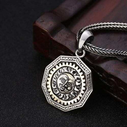 Real 925 Sterling Silver color Men Women Pendant Vintage Sun and Moon God Eye of God Necklace Pendant Jewelry without Chain