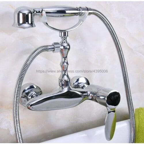 Polished Chrome Wall Mounted Bathroom Bathtub Shower Faucet Set Mixer Tap With Hand Shower set Bna179